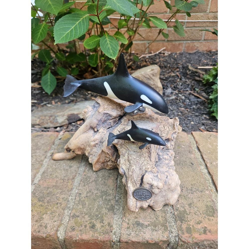 Vintage John Perry Orca Whale Mother & Calf Sculpture On Burl Wood